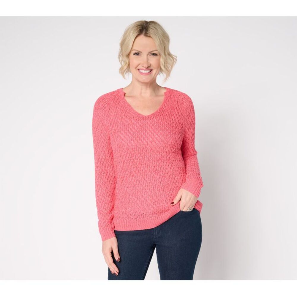 BEAUTIFUL by Lawrence Zarian Women's Top Sweater Sz S V-Neck Stitch Pink A682073
